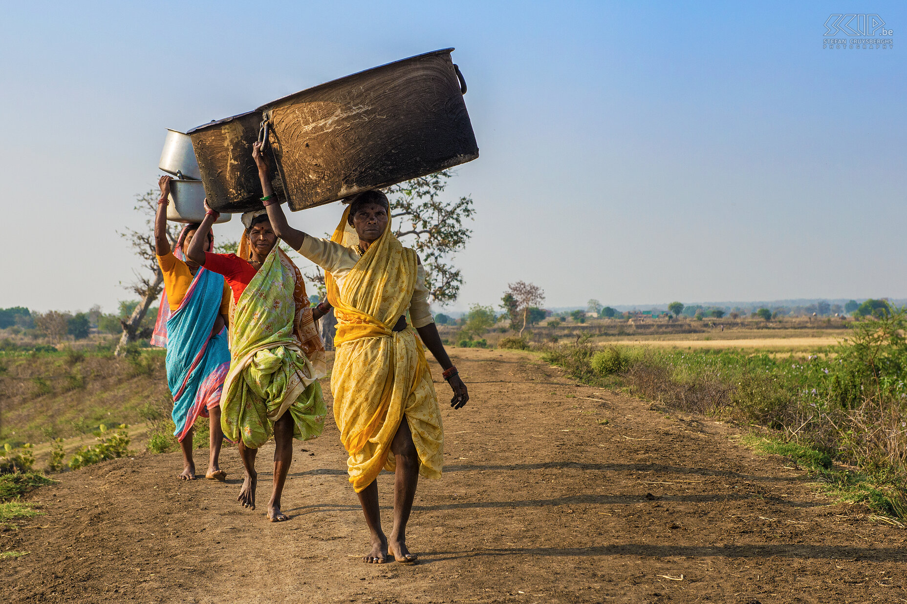 Tadoba - Gond vrouwen In een klein dorpje in de buurt van Tadoba nationaal park dragen enkele kleurrijke vrouwen zeer grote kookpotten op hun hoofd. De potten bevatten hun bestek en pannen en ze gaan naar het nabijgelegen meer om ze te wassen. Stefan Cruysberghs